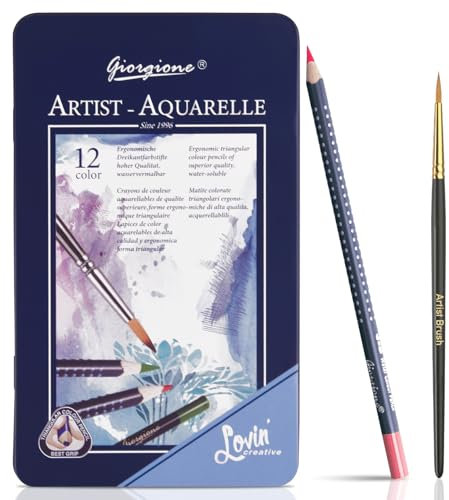 Surcotto Aquarellstifte - 12 wasservermalbare Buntstifte, wasserlösliche Buntstifte für Kinder und Erwachsene | wasserbasiert, sanfte Farben, mit Blechdose und feinem Pinsel, 12-teilig, dreikant