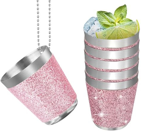 Ruikdly 6 bicchieri da liquore in metallo da portare a tracolla, 30 ml, in acciaio inox con catena, per feste di matrimonio, addio al celibato, carnevale, degustazione di vino