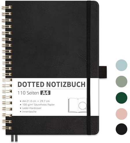 RETTACY Anteckningsbok A4 Dotted, bullet Dot Journal med 100 g/m² tjockt papper, 55 ark, anteckningsbok för kontor och skola, läderfodral, svart, 21 cm x 29,7 cm