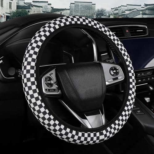 Checkered Steering Wheel Cover for Women & Men, Cute Steering Wheel Protective Cover, Elastic Car Accessories Steering Wheel Cover Car Interior Decor (38cm/15in) (Black)