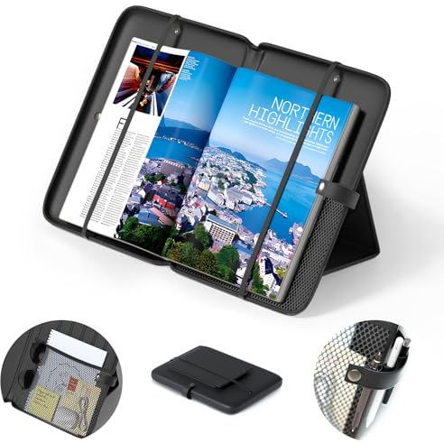 KDD 3 in 1 Leggio per Libri Portatile, Porta Libri da Scrivania Leggero con Borsa a Rete, Supporto Libri con 3 Slot per Penne, Sostegno Libri con Cinghia di Fissaggio per Lettura e Tablet, Nero