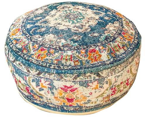 Mandala Life ART Blauer Pouf Ottomane Mit Füllung - Handgefertigter Bohemian Cozy Runden Sitzpouf Fußhocker Sitzpuff für Schlafzimmer - Haustierbett Ungefüllt 60x20cm