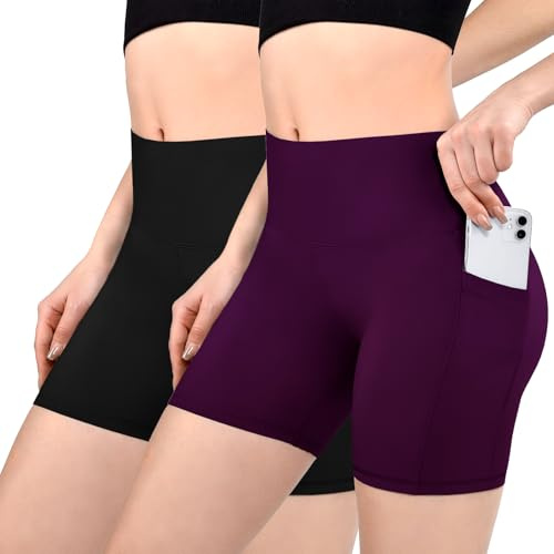 Sanpetix Cykelshorts för damer med fickor, höga midjor, sportshorts, korta sportshorts för dam, för gym, L/XL