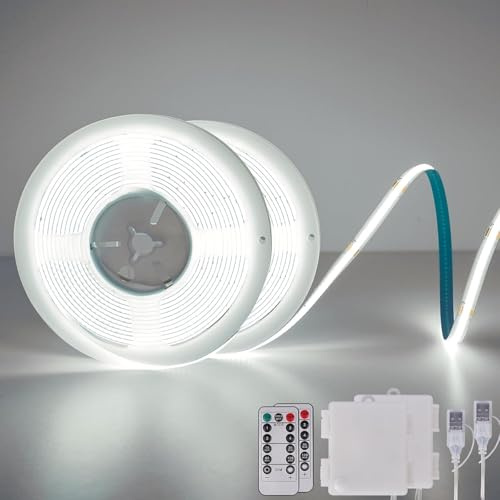 COB LED-ljusslingor batteridriven med fjärrkontroll, 2 m 640 LED-ljuslist, dimbar, flexibel, LED-bandlampa för TV, cykel, bildekoration, (6 000 K kall vit, 2-pack)