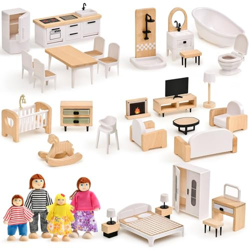 Atoylink Muebles Casa de Muñecas de Madera de Haya y Plástico con Diseño Elegante en Blanco y Negro, 4 Muñecas Familiares, Juguetes Educativos y Juego de Simulación para Niños Niñas Partir 3 Años +