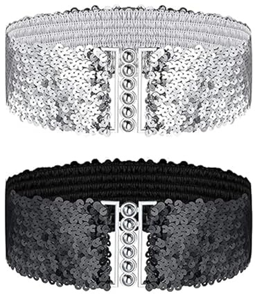LINTRA 2 Pièces Ceinture Large Femme, Paillettes Ceinture Elastique Femme, avec Boucle en Alliage Ceinture Femme Grande Taille, Argent et Noir, pour Fête, Quotidien, Cadeau