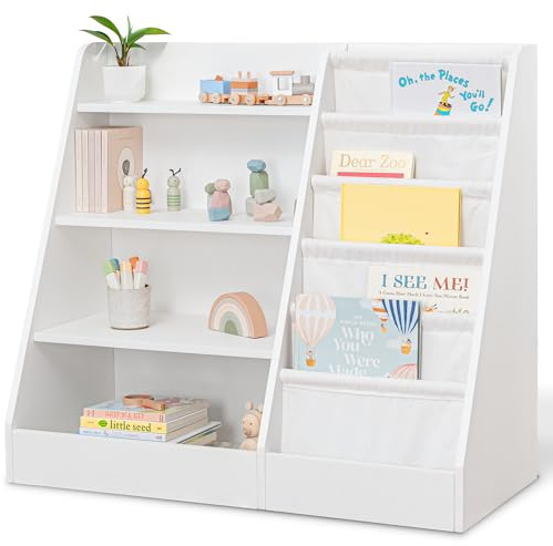 Comfy Cubs Kids Bookshelf 35.2 x 15.7 x 31.5 Inches - Sturdy MDF Montessori Book Shelf with Soft & Hard Shelves for Toys & Books - Child-Friendly, Easy Access Storage Organizer for Kids - White