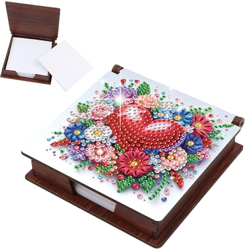 JISHSHAY Caja de notas con diseño de corazón y flores, caja de notas de pintura de diamantes, caja de notas adhesivas, soporte para bloc de notas de pintura de gemas, kit de mosaico para adultos