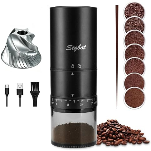 Portable Electric Coffee Grinder - 38 Grind Settings, Conical Burr & Black Stainless Steel Body, Rechargeable Mill for Espresso, Moka Pot, Turkish, Ideal for Camping and Travel