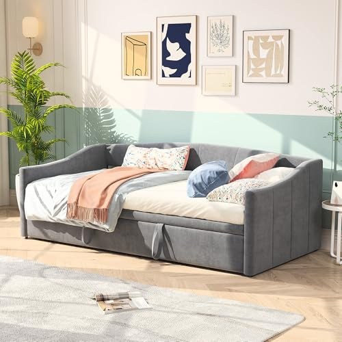 KEFSR Struttura divano letto convertibile velluto 90/180x200 cm, letto estraibile con braccioli, piattaforma imbottita legno, materasso non incluso (grigio)