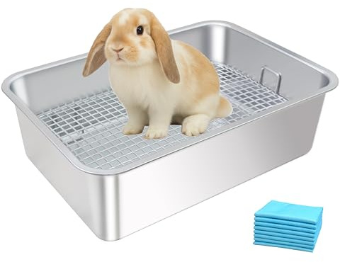 HUQIZOO Stainless Steel Rabbit Litter Box,Bunny Litter Pan with Widened Grid,Toilet Tray,High Back Wall,Deep Waste Storage (Medium)