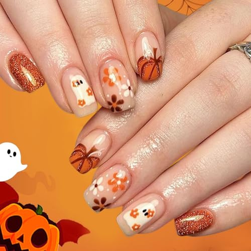 Ceboic 24Pcs Halloween Press on Nails, Short Square French False Nails with Flowers Pumpkin Ghost Design, Orange Glitter Acrylic Full Cover Fake Nail, Cute Reusable Stick on Nails for Women Manicure