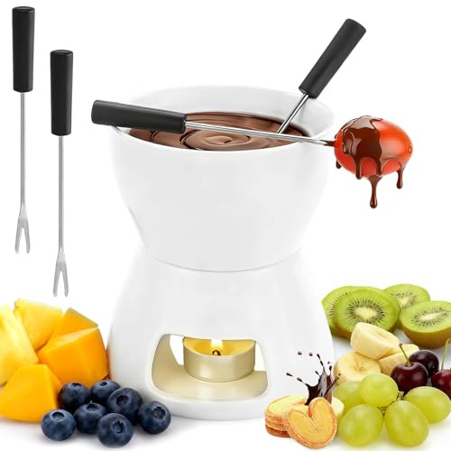 Set Tazza Fonduta Cioccolato con 4 Forchette, Pentola Scalda Fonduta Formaggio in Ceramica 300ml, Pentole Fusione Burro Tealight Piccola per Cene Famiglia, Picnic, Formaggi Caramelle Frutta, Bianco