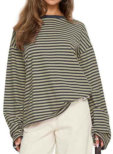 CHYRII Women Oversized Striped Long Sleeve T Shirts Fashion Casual Fall Spring 2026 Tops Y2K Clothes (Dark Grey+Beige L)