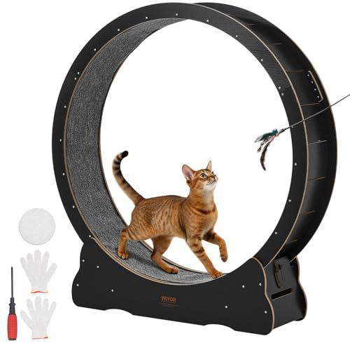 VEVOR Rueda de Ejercicio de Madera, para Gatos de hasta 13,6 kg, Diámetro Interior de 118 cm, Cinta de Correr con Superficie Alfombrada y Mecanismo de Bloqueo, Color Negro, 1320 x 338 x 1415 mm