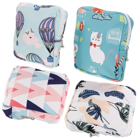 UKCOCO Bolsa para Compresas Sanitarias 4 Piezas de Algodón Colores Surtidos Verde Globo Azul Triángulo Gato Verde Hojas Portátil para Uso Femenino Diario en Escuela y Oficina