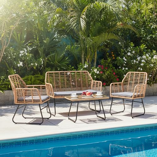 buybyroom Salon de Jardin Exterieur 4 Personnes, Fauteuil Rotin, Table et Chaise de Jardin Exterieur, Inclure Canapé 2 Places + 2 Fauteuils + 1 Table de Jardin, Coussins Amovibles