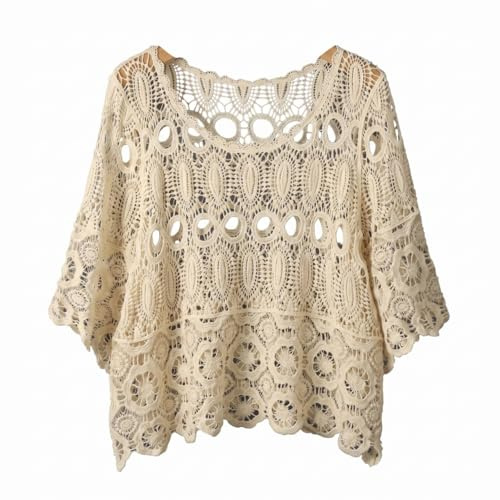 Aetherize Top Copricostume Estivo da Donna all'Uncinetto, Magliette a Maniche Corte Svasate in Maglia Copricostume da Bagno in Rete Boho Beach, Beige, Taglia Unica