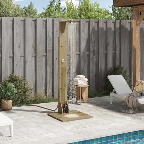 LoogCape Trädgårdsdusch 214,5 cm av impregnerad furu och rostfritt stål med höjdjusterbart duschrör och vridbart huvud för utomhusbruk, perfekt för pool, bubbelpool eller trädgård