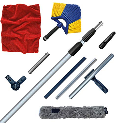 FenWi 4m Teleskop Reinigungs-Set zur Reinigung von Wintergarten Fenster Terrasse mit 400 cm Aluminium Teleskopstange Besen 35/40cm Kombi Fensterwischer und Gelenk