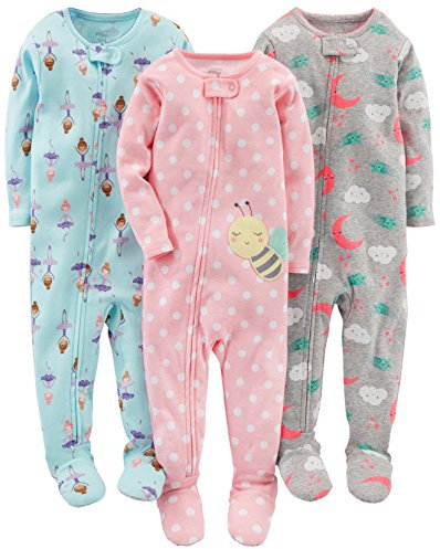 Simple Joys by Carter's Baby Mädchen 3-Pack Snug Fit Footed Cotton Pajamas Kleinkindschläfer, Ballerina/Bienen/Mond, 5 Jahre (3er Pack)