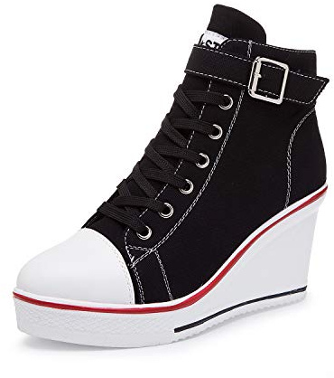 Women's Canvas High-Heeled Shoes Fashion Sneakers Casual Shoes for Walking Platform Wedges Pump Shoes Black, 7