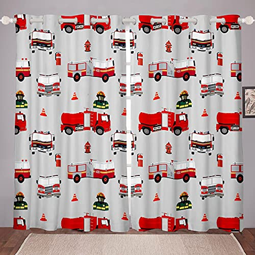Loussiesd Kinder Feuerwehrmann Fenstervorhang 245x140cm Jungen Feuerwehr Feuerwehrmann Blickdichte Vorhänge Rotes Feuerwehrauto Fahrzeug Muster Vorhänge für Mädchen Schlafzimmer Dekor Gardinen