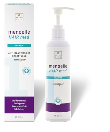 menoelle® Hair med schampo – mot håravfall och tunnare hår under klimakteriet – påskyndar hårtillväxt på växtbasis – med östroG-100, koffein, biotin – 240 ml