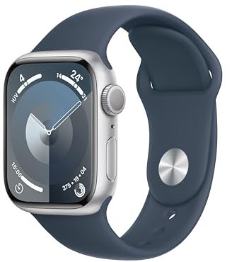 Apple Watch Series 9 [GPS] Smartwatch con Caja de Aluminio en Plata de 41 mm y Correa Deportiva Azul tempestad - Talla S/M. Monitor de entreno, App Oxígeno en Sangre, Resistencia al Agua