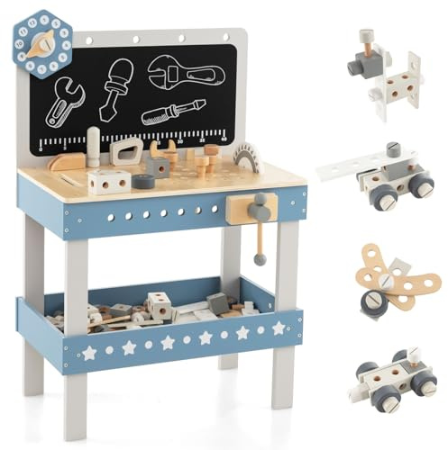 Costzon Kids Tool Bench, Wooden Pretend Workbench w/ 61 Toy Tools and Accessories, Realistic Role Play Construction Building Tool Set, Indoor Outdoor Power Tool Workshop for Boys Girls 3+