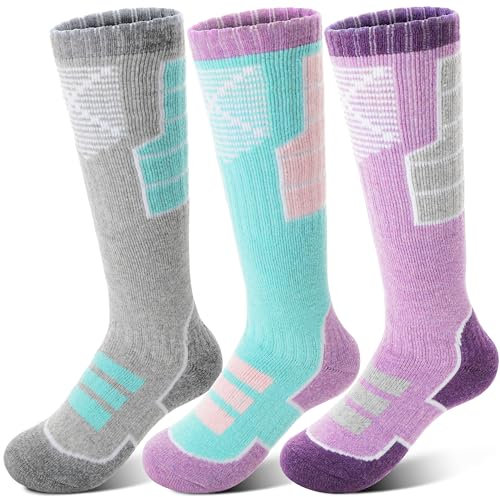 Anlisim Kids Merino Wool Ski Socks 3 Pairs Girls Boys Thermal Winter Warm Thick Breathable Socks for Skiing Snowboarding (Mixed,4-7 Years)
