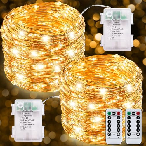 MTINRNI 2 x Guirnalda Luces LED Pilas,12M 120 LED Guirnaldas Luces,Alambre de Cobre,Impermeable IP67,8 Modos, para Decoración Navidad,Decorar Fiesta,jardines,fiestas,Balcón,Bodas. (Blanco Cálido)