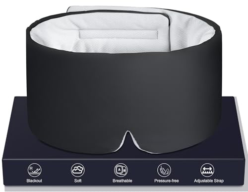 LOVE EYE Eisseide-Schlafmaske für Seitenschläfer, gepolsterte Augenabdeckung aus Eisseide zum Schlafen mit verstellbarem Band, komplett verdunkelnd, weich, Geschenke für Männer und Frauen (schwarz)