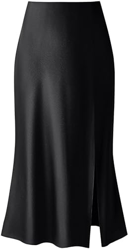 Keasmto Skirts for Women Midi Long High Waisted Satin Silk Trendy Summer Party Aline Casual Side Split Hem Sexy Slit Skirt Black L