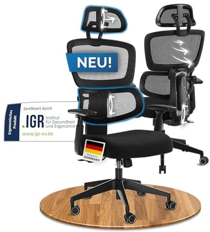 DESKSPACE Move Ergonomischer Bürostuhl - Intelligente Lordosenstütze, 3-stufige Neigung Schreibtischstuhl, höhenverstellbare Rückenlehne, Atmungsaktives Netzgewebe, Bürodrehstuhl 150 kg (Schwarz)