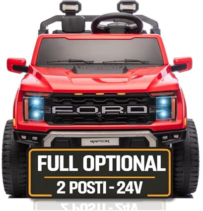 Ford F150 Raptor 24V Maxi Fuoristrada 2 Posti Auto Macchina Elettrica per Bambini Telecomando Luci a Led Bluetooth Ammortizzatori Carico Massimo 60 Kg Rosso