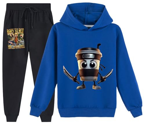 YuanDiann Barn Cappuccino Assassino träningsoveraller huvtröja + joggingbyxor 2-delat set italienskt brainrött tryck träningsoverall pojkar flickor huvtröja och byxor, Mörkblå, 120