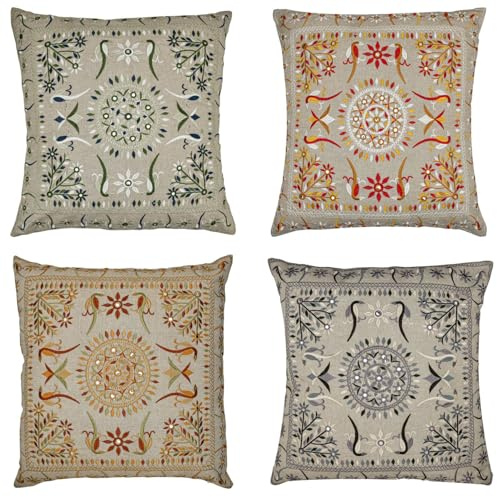 Marrakesch Uppsättning av 4 örngott kuddar 50 x 50 cm stora | Soffkudde gosig kudde av bomull broderad som vardagsrumsdekoration på fåtöljen och soffan | Dekorativa kuddar lodge färgglada som