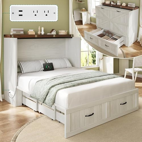 DWVO Full Size Murphy Bed with Charging Station, Cabinet Bed with Large Storage Drawer, Farmhouse Multi-Functional Murphy Cabinet Bed Frame for Bedroom or Guest Room, Noise-Free, Rustic White