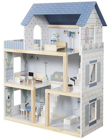 Maison de poupée en bois avec meubles - Maison de poupée en bois - Beige et bleu