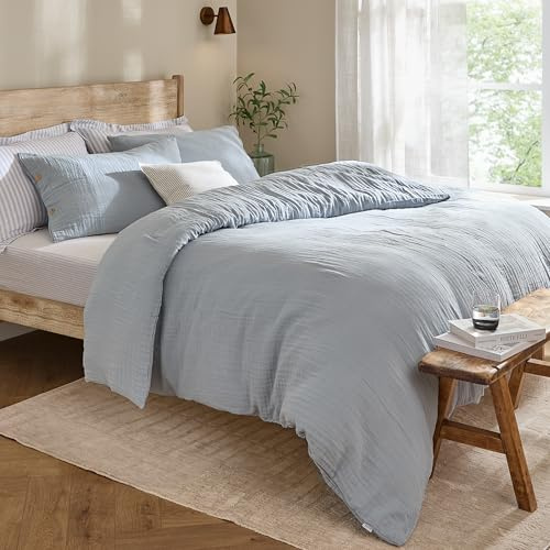 Yard Lark Cotton Muslin Duvet Cover Set (Blue, Double) | 100% cotton muslin with a soft crinkle texture and breathable comfort