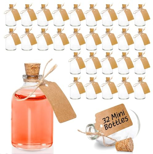 volila Small Glass Bottles - (32 Pack) 50ml with Corks, Funnel & Customisable Craft Labels for Wedding Favours, Shots, Potion, Spell Jars