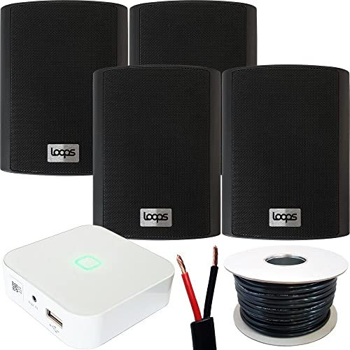 Loops 80W Speaker System - Compact WiFi Stereo Mini Amplifier - 4x 70W 4 Black Outdoor Rated Wall Mounted Speaker Kit - App Controlled Wireless Music Streaming Amp