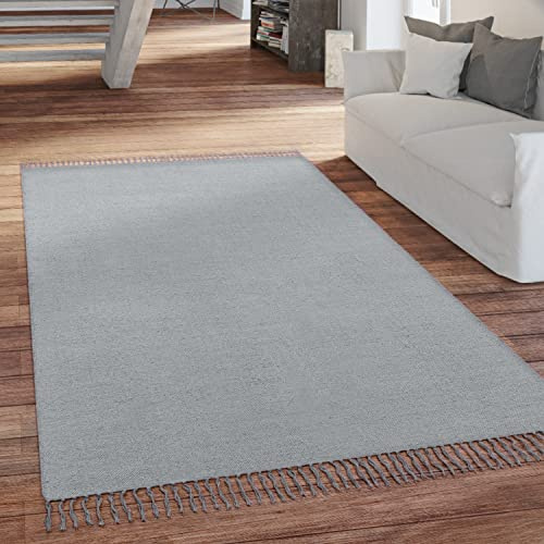 Paco Home Tappeto Salotto Trama Piatta Con Frange Tessuto A Mano Monocolore, Dimensione:160x220 cm, Colore:Grigio