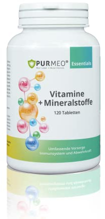 PURMEO® Vitamine + Mineralstoffe – Multivitamin-Komplex mit Lutein, 13 Vitaminen und 10 Mineralstoffen – 120 Tabletten – Unterstützung des Immunsystems – vegan, laborgeprüft, Made in Germany