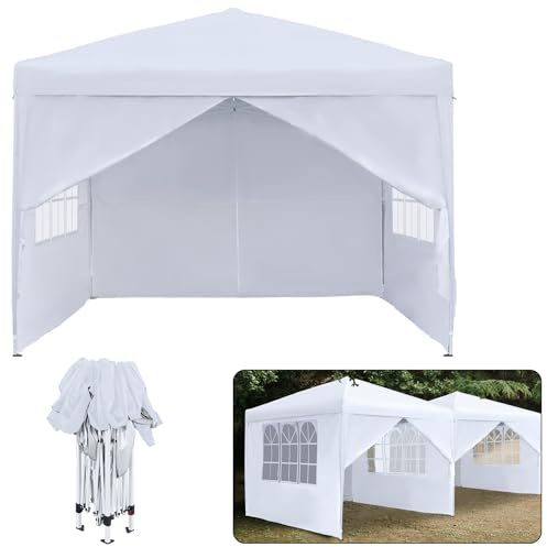 Froadp Tonnelle pliable 3 x 3 m - Imperméable - Avec panneaux latéraux et sac de transport - Protection UV - Tente de jardin pour extérieur, pique-nique, fête, camping - Blanc