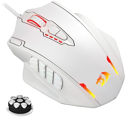 Redragon M908 Impact RGB-LED-MMO-Maus mit seitlichen Tasten, optische kabelgebundene Gaming-Maus mit 12.400 DPI, hohe Präzision, 20 programmierbare Maustasten, Weiß