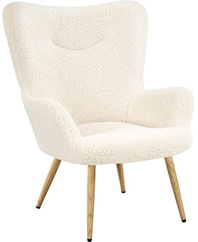 Yaheetech Fauteuil de Salon Siège Confortable en Tissu Bouclette Fauteuil Ergonomique avec Pieds en Métal à l'effet du Bois de Relaxation Chaise à Haut Dossier Enveloppant Ivoire/1