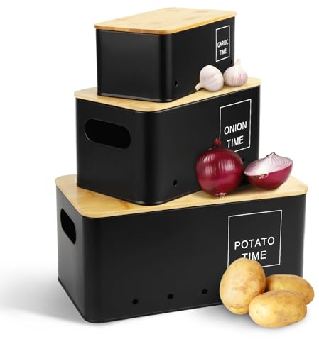 Lannvan Lot de 3 Boîtes de Rangement pour Pommes de Terre, Oignons et Ail - Boîte de Conservation avec Couvercle en Bois pour Cuisine (Noir)