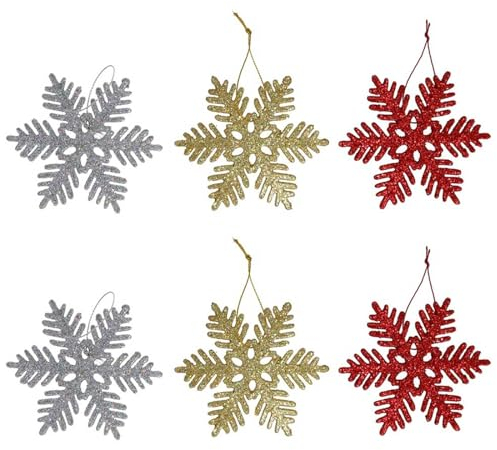 Tradineur - Pack de 6 Copos de Nieve Colgantes con Glitter, plástico, Purpurina Brillante, Adornos, árbol de Navidad, decoración Festiva, hogar, Ø 10 cm, Colores aleatorios